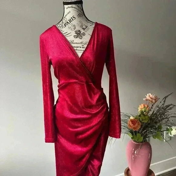 Dokuritu Women’s Red Velvet Wrap Dress - Size Small, Long Sleeve, Sparkle Detail - Picture 1 of 3